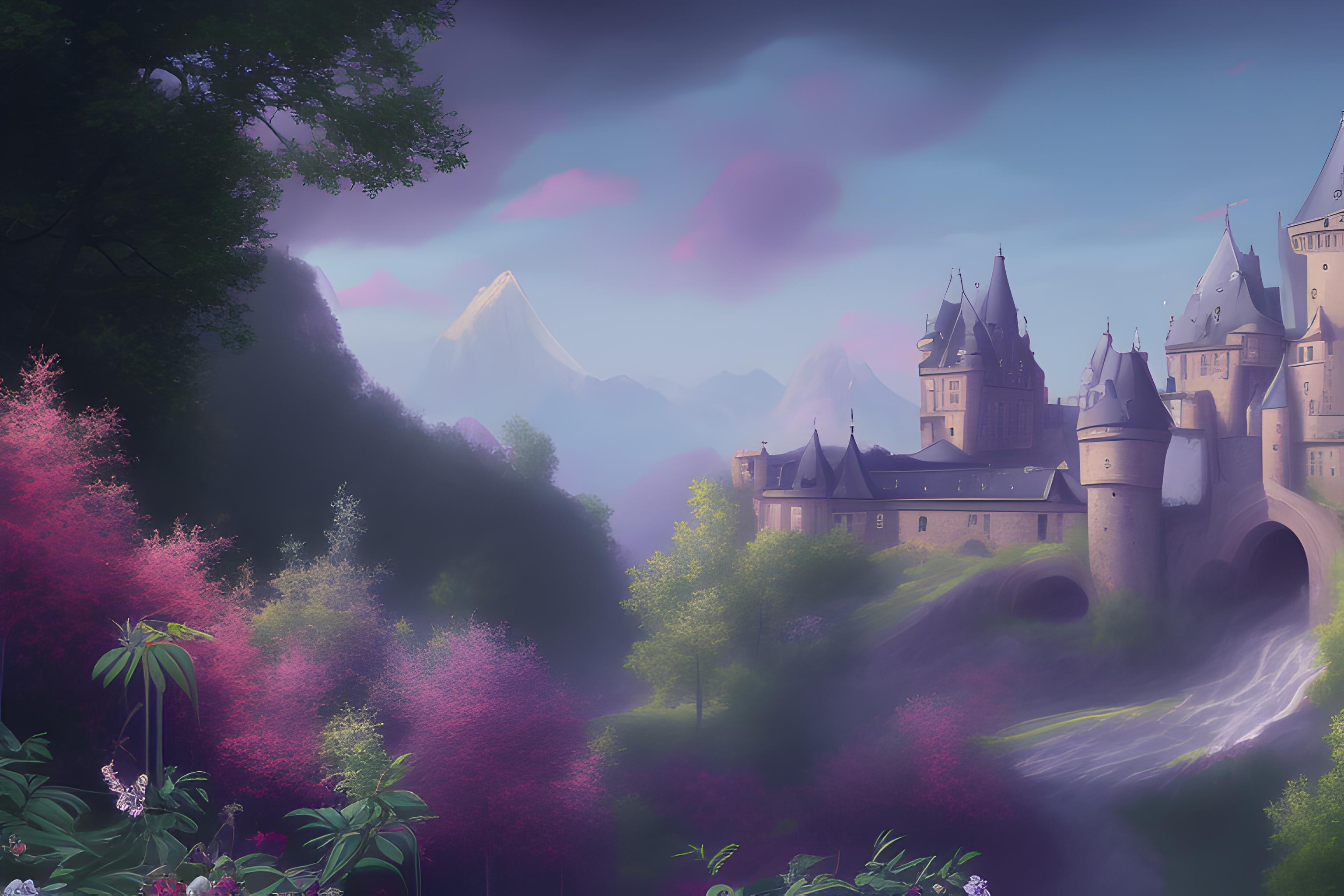 Paysage féerique avec château et ruines, celshading, paysage